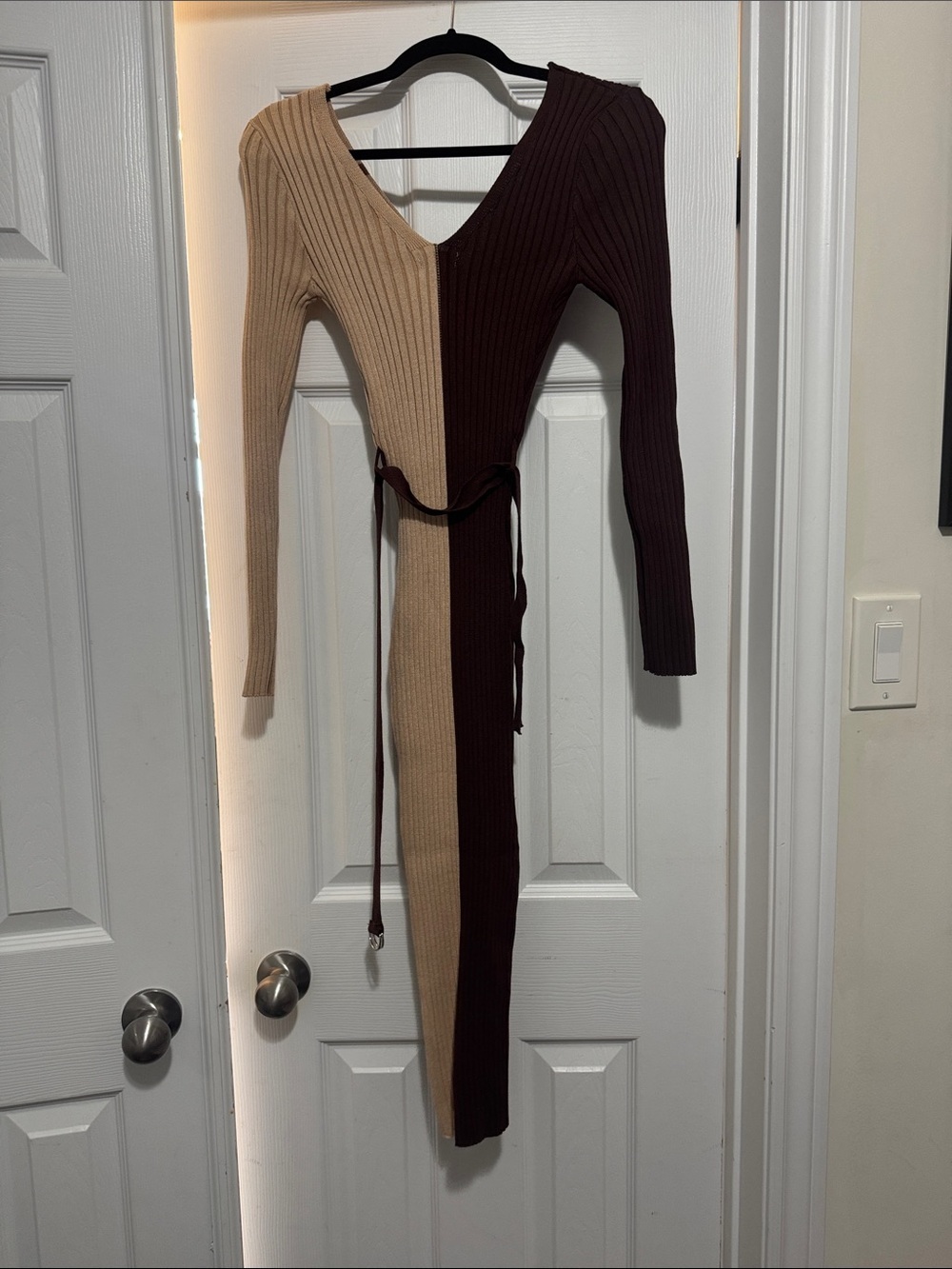 Autumn Vibes -  Two-Tone Asymmetrical Ribbed Wrap Dress in Brown and Tan - Picture 6 of 8